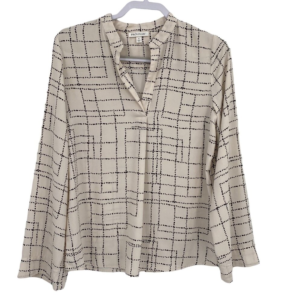 Prologue Womens Cream Black Stripped V Neck Popover Blouse Top Size Small